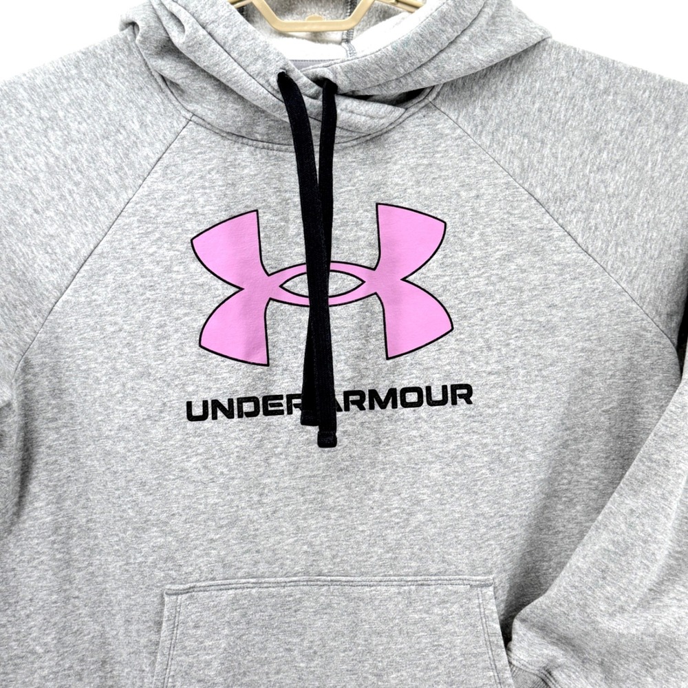 Under Armour Hoodie Womens XL Gray Pink Logo Good Loose Fit Pullover Sweatshirt - Picture 3 of 8